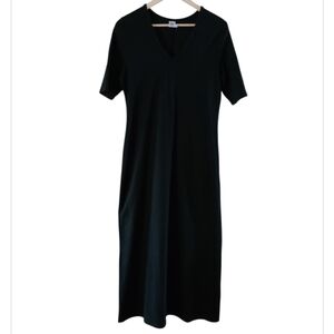 Peruvian Connection Pima Cotton V Neck Midi 1/2 Sleeve T Shirt Dress Black